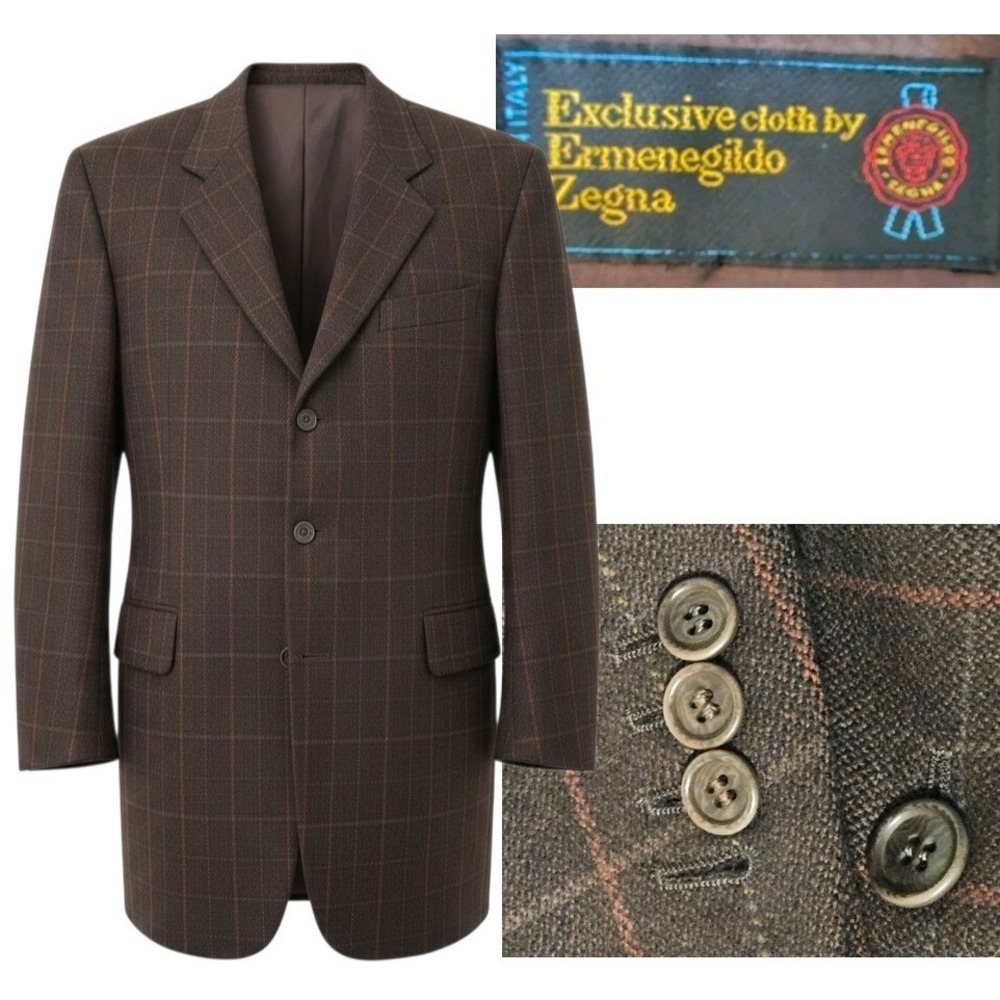 Ermenegildo Zegna Windowpane men's Brown Plaid Wool Blazer Jacket 44L Suit Coat
